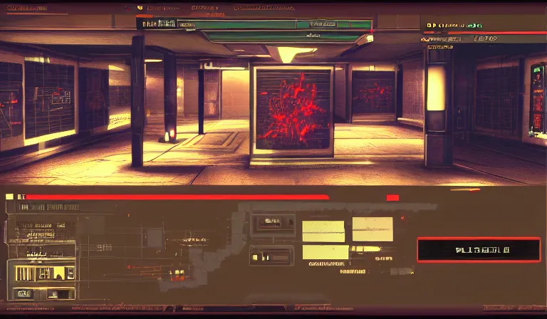 Prompt: GUI for a nightmare gallery, cyberpunk, horror, System Shock 2, Shin Megami Tensei, Deus Ex