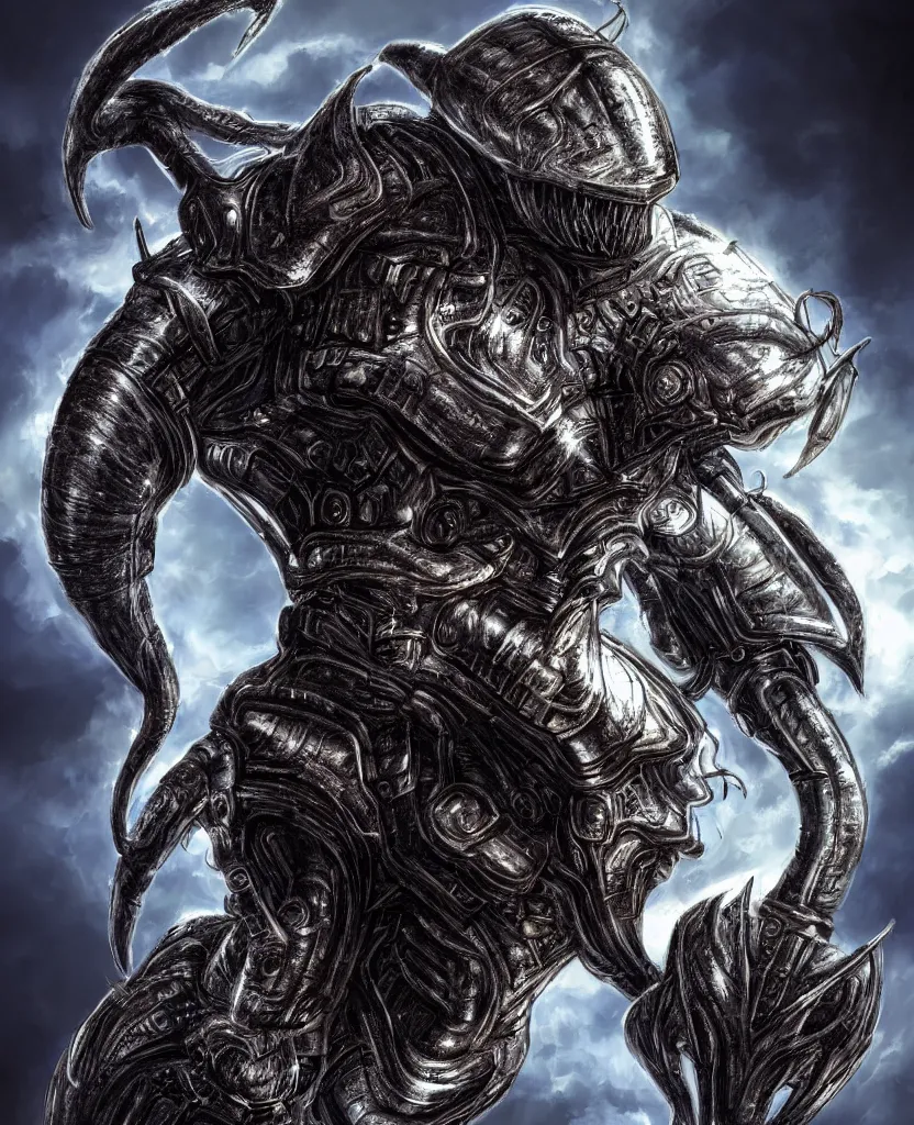 Image similar to a hero portrait of an alien creature with highly detailed features wearing heavy armor, dramatic rim lighting