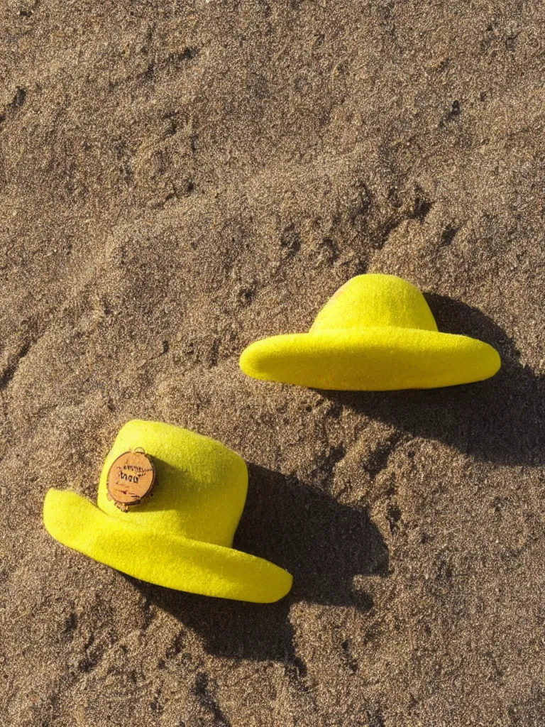 Image similar to an add campain for a yellow freezbee in the shape of a hat, taking place on the beach, closeup shot with depth of field, high quality promotional picture