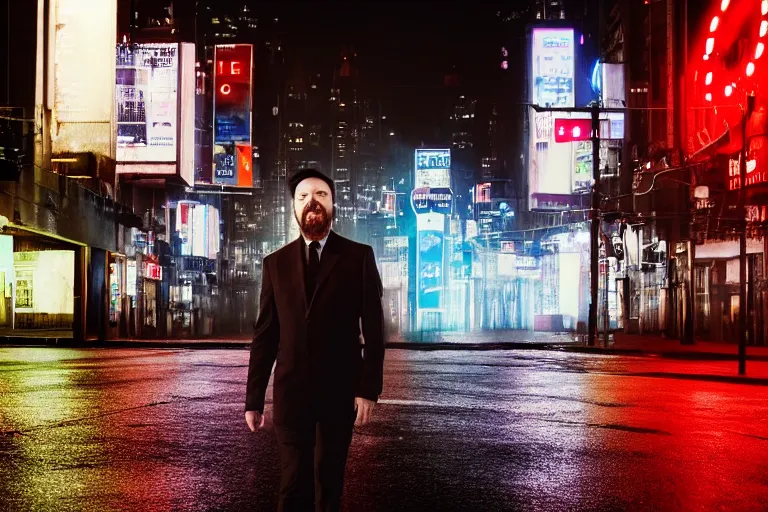 Prompt: a cinematic photograph of ricky gervais walking through a dystopian city street with a halo around his head, rain falls, neon advertisement light up the street, ultra realistic, high definition