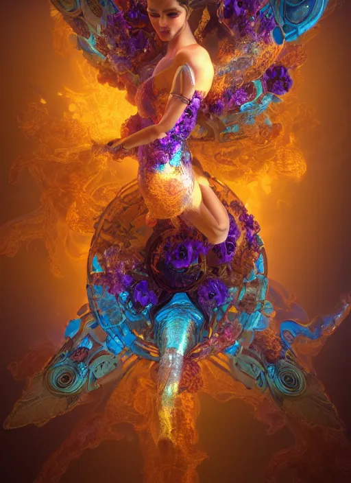 Prompt: flowers within the whole infinite capsule, a goddess apparent with awe the apparition, an idea seep's into infinity and gives me wings, highly detailed in 4 d volumetric latent space, golden turquoise steampunk, high contrast cinematic light, mystical shadows, sharp focus, divine realm of gods, octane render, artist boris vallejo,