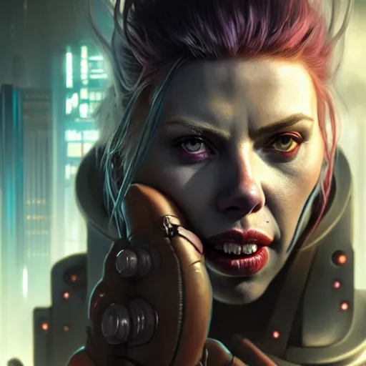 Image similar to portrait painting of a cyberpunk orc doctor extremely muscular ugly scarlett johansson with misshapen teeth, ultra realistic, concept art, intricate details, eerie, highly detailed, photorealistic, octane render, 8 k, unreal engine. art by artgerm and greg rutkowski and charlie bowater and magali villeneuve and alphonse mucha