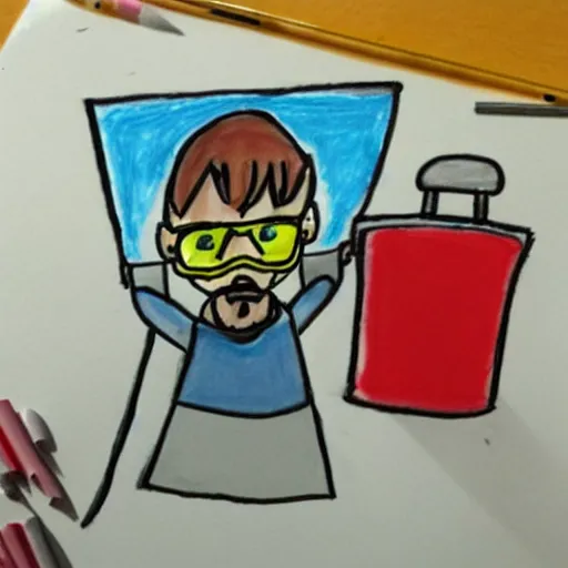 Prompt: Child's drawing of Walter White Cooking meth, simple, paper,