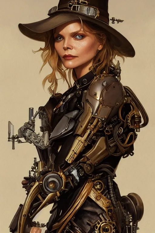 Image similar to young michelle pfeiffer as a steampunk cyborg, portrait, western, steampunk, duster, fantasy, intricate, elegant, highly detailed, digital painting, artstation, concept art, sharp focus, illustration, art by artgerm and greg rutkowski and alphonse mucha