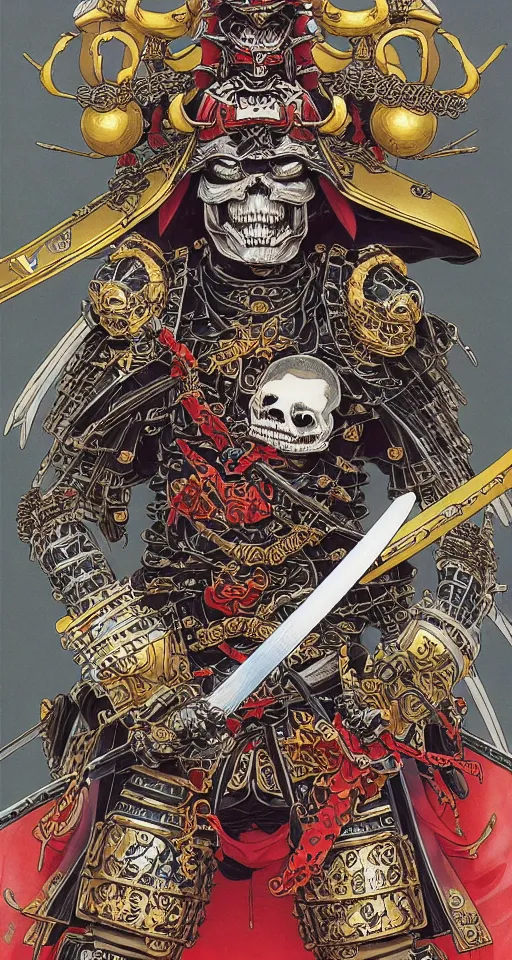 Image similar to portrait of a crazy skeletor samurai with japanese armor and helmet, by yoichi hatakenaka, masamune shirow, josan gonzales and dan mumford, ayami kojima, takato yamamoto, barclay shaw, karol bak, yukito kishiro