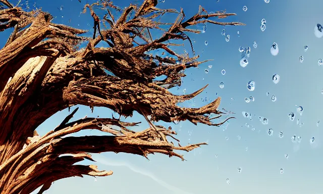 Image similar to panorama of big raindrops flying upwards into the perfect cloudless blue sky from a dried up river in a desolate land, dead trees, blue sky, hot and sunny highly-detailed, elegant, dramatic lighting, artstation, 4k, cinematic landscape, photograph by National Geographic