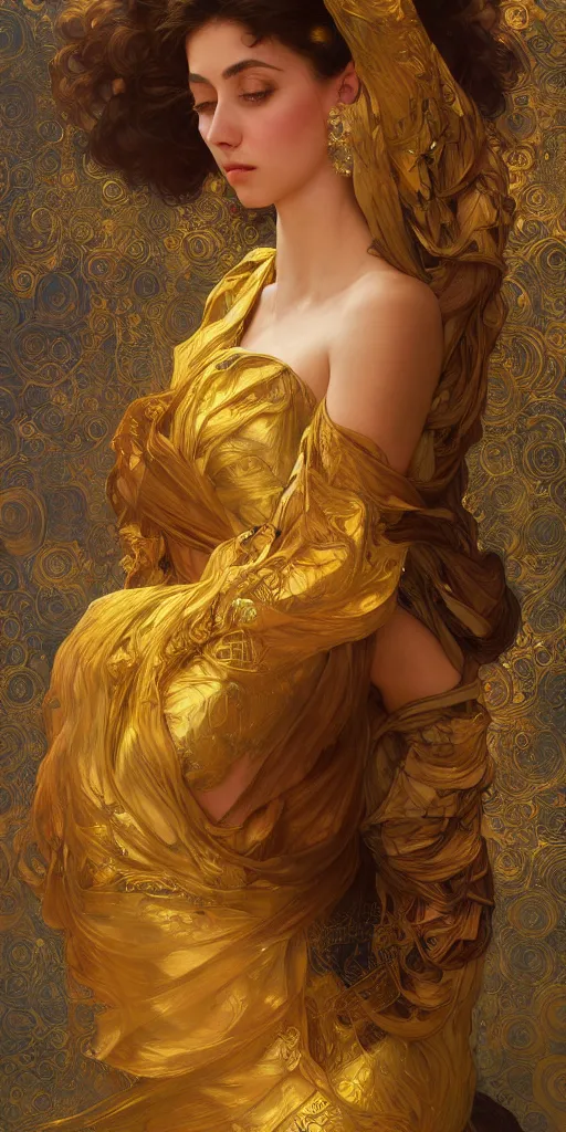 Image similar to ultra realistic illustration studio of a beautiful elegant girl in an artistic pose covered in golden silk cloths, intricate, elegant, highly detailed, digital painting, artstation, concept art, smooth, sharp focus, illustration, art by artgerm and greg rutkowski and alphonse mucha by klimt