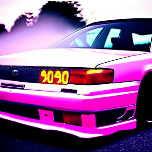 Image similar to a car Toyota Chaser twin-turbo at illegal car meet, Saitama prefecture, city sunset mist neon lights, cinematic color, photorealistic, highly detailed, 200MM