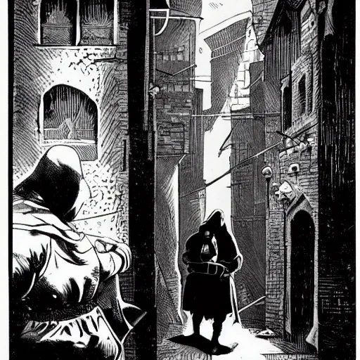 Prompt: A thief watching a middle eastern merchant from a dark alley. One Thousand and One Nights, Dark Fantasy, Film Noir, Black and White. High Contrast, Mike Mignola, D&D, OSR