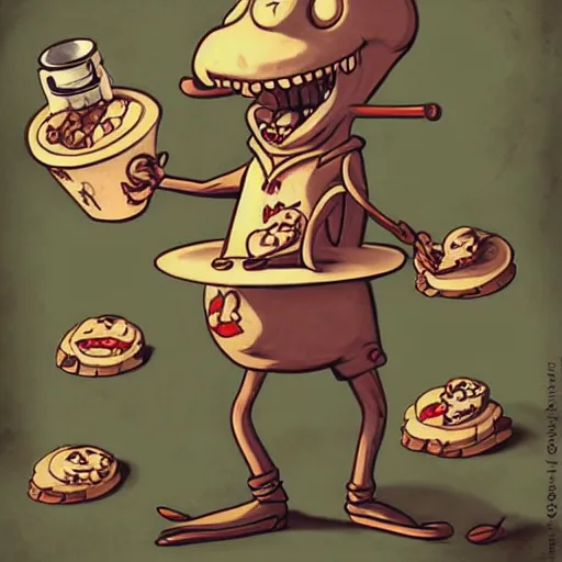 Prompt: evil anthropomorphic cookie cooking a bunch of cookies, in the kitchen, cuphead, painterly, logo, graffiti, elegant, highly detailed, digital art, art by jc leyendecker and sachin teng