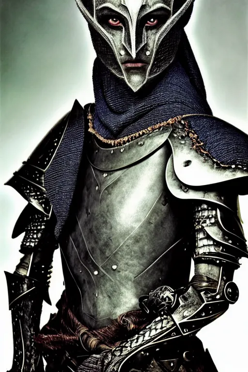 Image similar to head and shoulders portrait of an eldritch knight, drow, dark elf, shadar kai, male, breastplate, magical, high fantasy, d & d, by annie liebovitz, face details, extremely detailed, vogue fashion photo