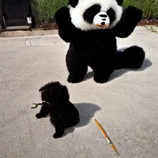 Prompt: a photo of a black poodle dog and a panda together,