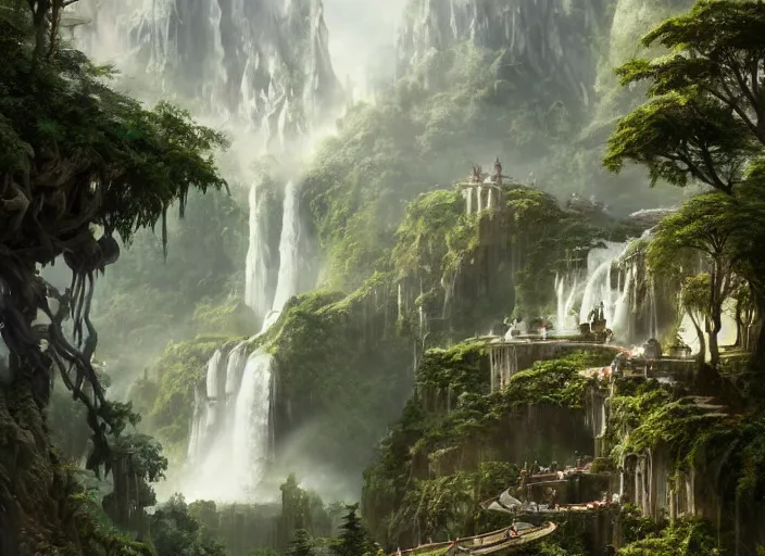 Image similar to A beautiful elven city made of ivory, waterfall, lush trees, fountain, built into the side of a cliff, a fantasy digital painting by Greg Rutkowski and James Gurney, trending on Artstation, highly detailed