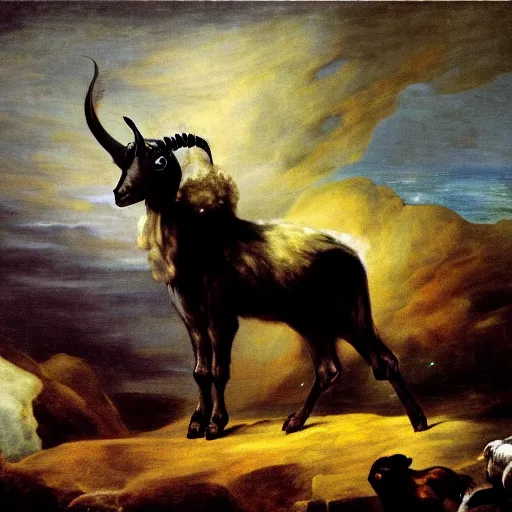 Prompt: the celestial wise goat, fantasy, h.p. Lovecraft, highly detailed, Francisco de Goya, HD, 8k,
