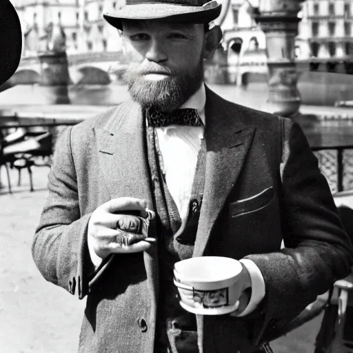 Prompt: mcgregor is dressed as a gentleman at early 2 0 th century paris. he is having a coffee at the banks of river seine. ewan mcgregor has a coffee cup on his hand. next to him is a small brown cat with yellow glowing eyes, by jack kirby