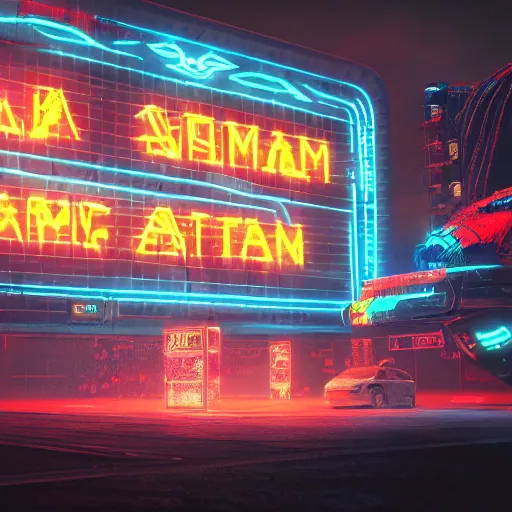 Image similar to shaman cyberpunk, shaman totems, shaman symbols, shaman architecture, neon billboards, neon lights, photorealistic, vfx, elegant, ultra sharp lines, 4 k, unreal engine 5, octane render, extreme contrast