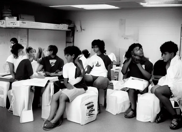 Prompt: realistic photo portrait of the university students wearing white shorts, dressed in white spherical helmets, sitting in a classroom, a cloud in the middle 1 9 9 0, life magazine reportage photo