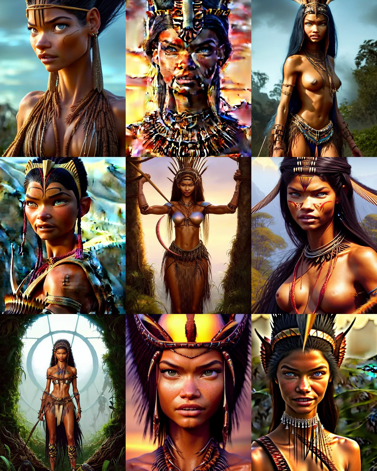 Prompt: weta disney pixar movie still portrait photo of adriana lima, zendaya : : as tribal queen woman by pixar : : by weta, greg rutkowski, wlop, ilya kuvshinov, rossdraws, artgerm, marvel, maxim magazine cover, rave otufit, unreal engine, sweaty, iridescent, bright morning, anime, : :