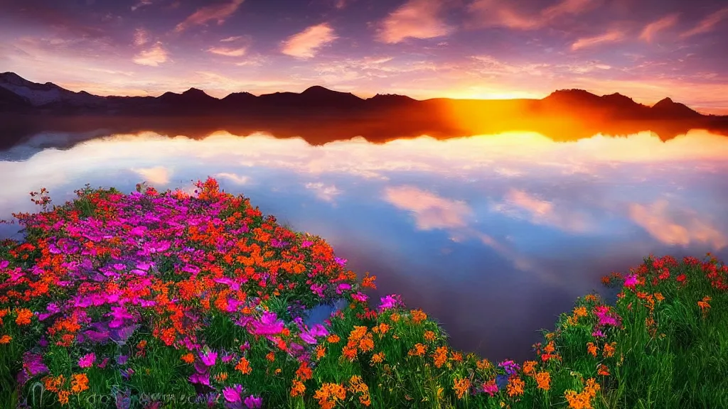 Image similar to amazing landscape photo of a flower bed with lake in sunset by marc adamus, beautiful dramatic lighting