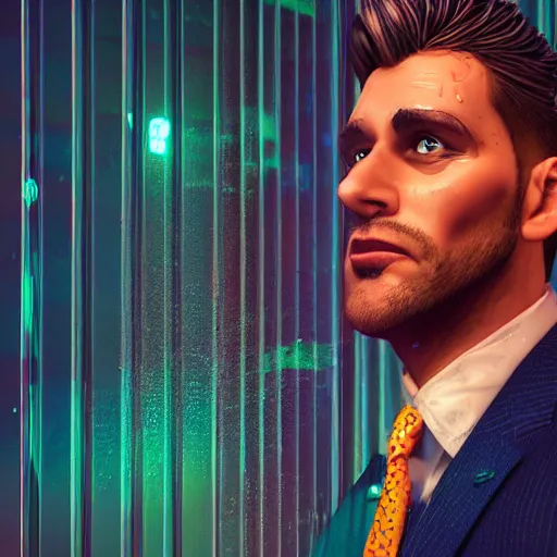 Image similar to epic cartoon portrait made out of rain, pinstripe suit, short hair, galactic background, rendered in octane, unreal engine, highly detailed, trending on artstation, realistic, splashes of neon, beautiful