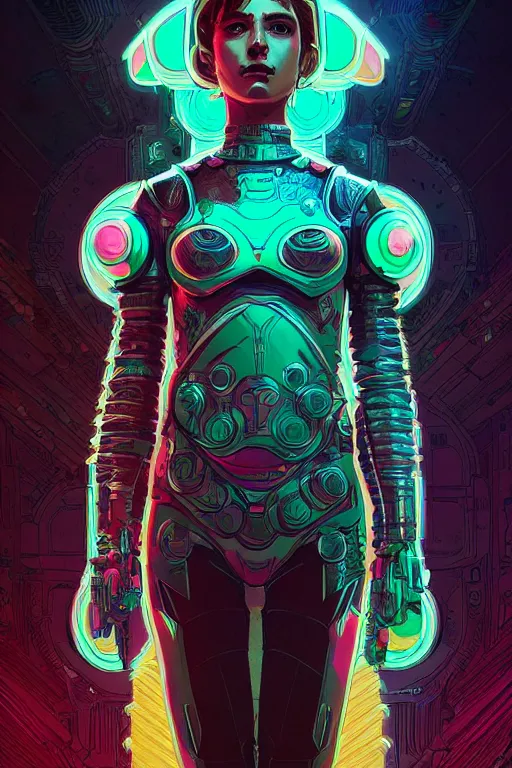 Image similar to portrait of a psychedelic girl with a biomechanic armor and neon light by Laurie Greasley and Greg Rutkowski and Gustave Doré, digital painting, highly detailed, trending on artstation