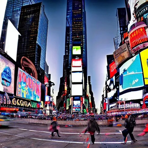 Image similar to alien spacecraft in times square, highly detailed, realistic photo