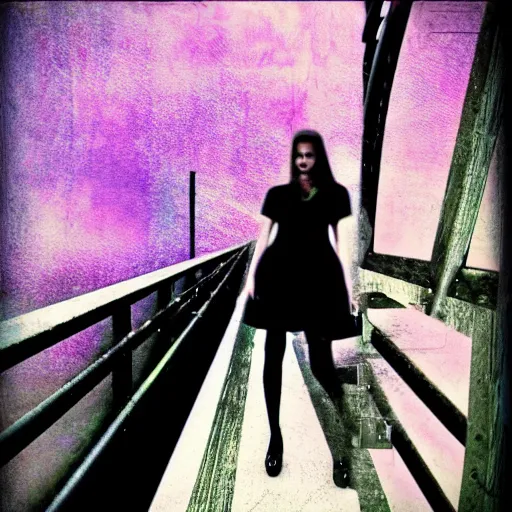 Image similar to girl in a black dress leaning against a bridge rail, chromatic aberration, glitch art,