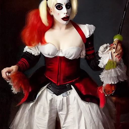 Prompt: a potrait of lady gaga as harley quinn. by rembrandt 1 6 6 7, illustration, by konstantin razumov