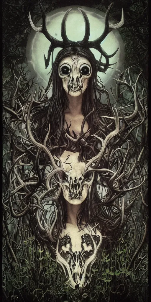 Prompt: intense bioluminescent black metal pagan god with antlers and fangs and intense glowing eyes with a bull skull in very dark forest by mark ryden and alphonse mucha, portrait, fantasy, clear, light beams, lens flare, intense, uhd, amazing depth, cinematic lighting