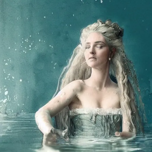 Prompt: A 18th century, messy, silver haired, (((mad))) elf princess (looks a bit similar to kate winslet), dressed in a ((ragged)), wedding dress, is ((drinking a cup of tea)). Everything is underwater and floating. Greenish blue tones, theatrical, (((underwater lights))), fantasyconcept art, inspired by John Singer Sargent's Lady Macbeth