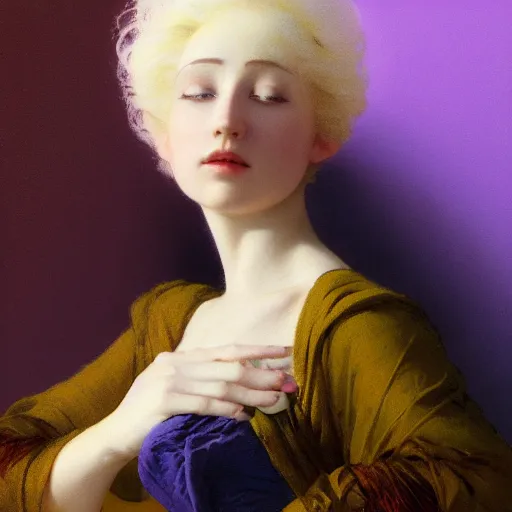 Image similar to a young woman's face, her hair is white and she wears an deep purple satin cloak, by ivan aivazovsky and syd mead and moebius and gaston bussiere and roger dean and pieter claesz and paul delaroche and alma tadema and aelbert cuyp and willem claesz, hyperrealistic, volumetric light, octane render