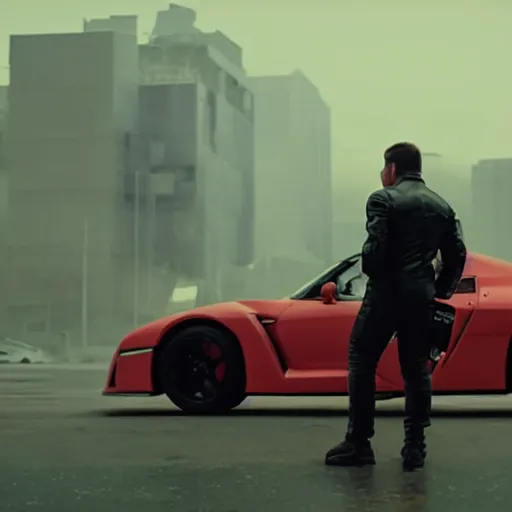 Prompt: cyberpunk Street racer wearing white shirt and black jacket standing next to red Evolution X GTR R35 S15 C3 4 door sports car coupe scene from Bladerunner 2049 Roger Deakins Cinematography movie still 2077