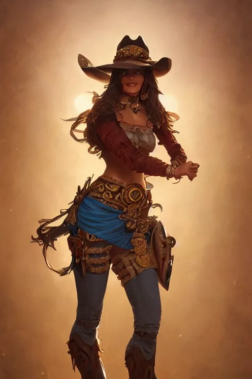 Image similar to beautiful female cowgirl, full body shot, d & d, fantasy, intricate, elegant, highly detailed, digital painting, artstation, concept art, matte, sharp focus, illustration, hearthstone, art by artgerm and greg rutkowski and alphonse mucha