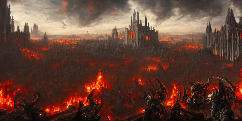 Prompt: highly detailed portrait painting of an ancient gods on hell horses war battle, abbey warhammer battle, old abbey in the background, character in the foreground, cathedrals, giant columns, arcane magic explosions by liang xing, 8 k resolution