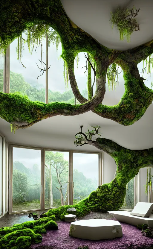 Image similar to highly detailed villa natural beautiful light interior soft cinematic composition of a smooth ceramic porcelain biomorphic magnolia stone nebula fluid sci - fi surreal colorful architecture landscape, furniture, granite, trees, marble, moss, lichen, fungi, vincent callebaut composition, mamou - mani, archviz, 8 k, unreal engine, hdr