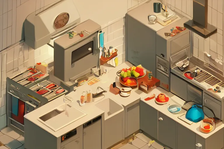 Prompt: cute kitchen, refrigerator, sink, isometric art, bright, artstation, highly detailed, cinematic lighting + masterpiece