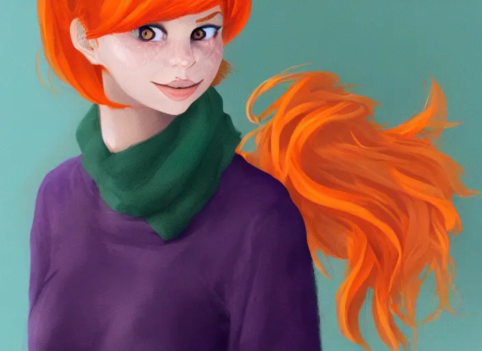 Prompt: portrait of a beautiful smiling girl with orange hair and freckles, green eyes, style by Gretel Lusky, artstation, concept art, background is purple