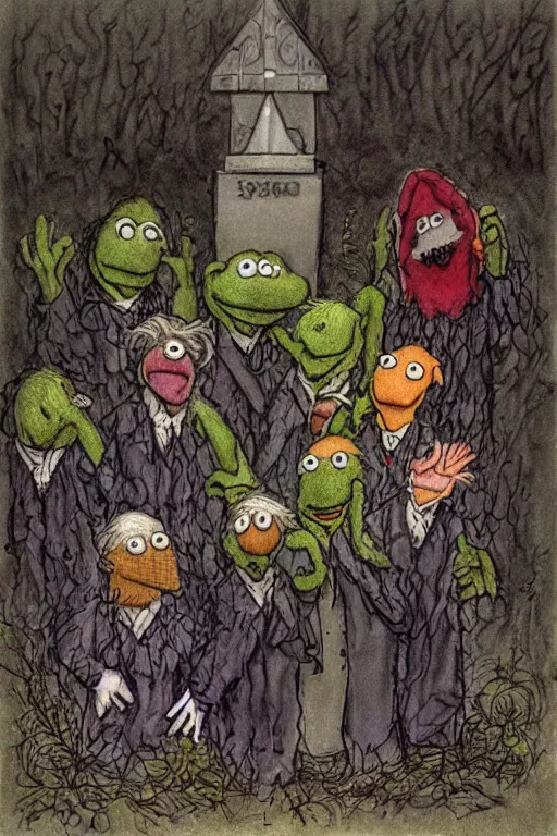 Prompt: sad muppet funeral, graveside, rain, outside, 1 9 8 0 s, creepy, scary, crying, grotty, ugly, terrified, brian froud