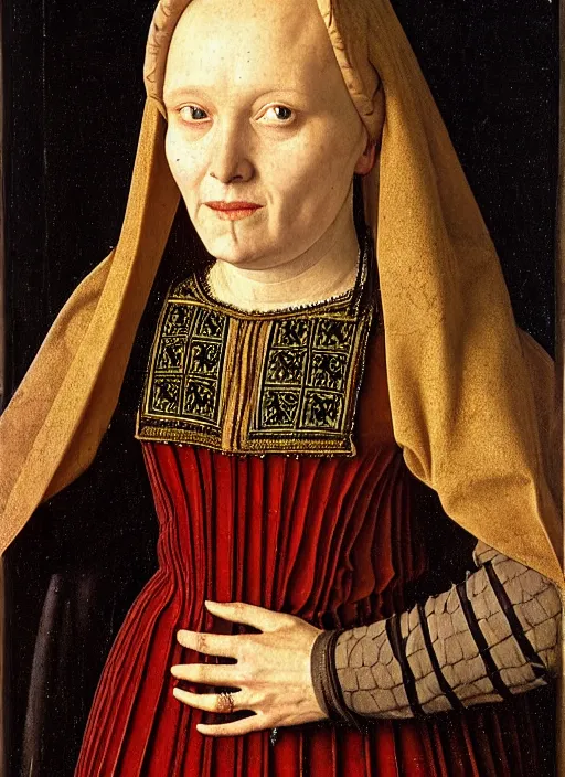 Image similar to half - length portrait of young woman in medieval dress, art by jan van eyck,