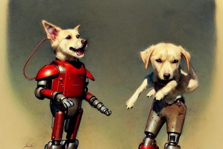 Image similar to adventurer ( ( ( ( ( 1 9 5 0 s retro future robot android dog. muted colors. ) ) ) ) ) by jean baptiste monge!!!!!!!!!!!!!!!!!!!!!!!!! chrome red