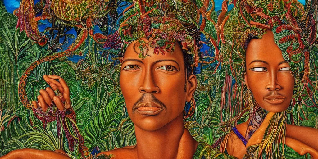 Image similar to very high resolution image. a beautiful tropical landscape, portrait of a spiritual ancestor. 2 4 mm, photorealistic, abstract, directed by mati klarwein