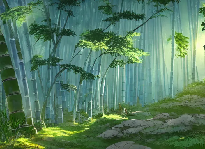 Prompt: deep in a japanese bamboo forest, ancient ruined temple in distance, sunny, cartoony, anime style, mid day, realistic lighting, by ghibli studio, arcane, wild rift, trending on artstation, 4 k, hd