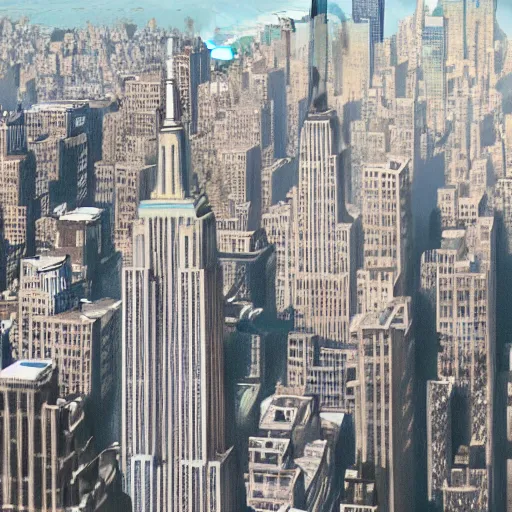 Image similar to drops of water flowing from the windows of the empire state building, long lens, orthogonal perspective, photorealist, panorama, fluid simulation, new york background, detailled, sharp focus, realistic, trending on artstation, cg society, 8 k, unreal