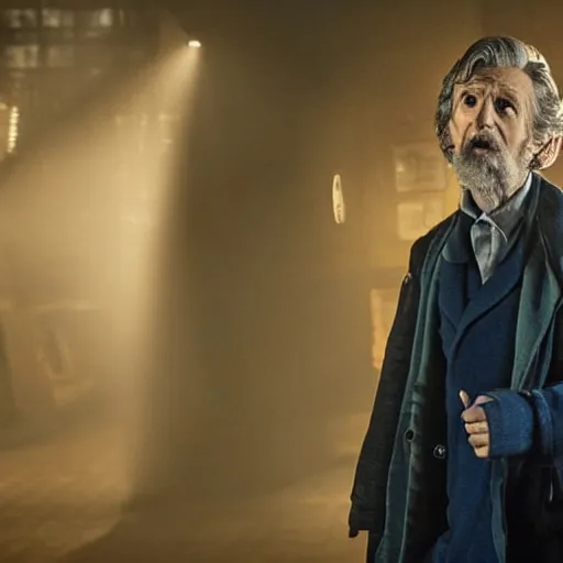 Image similar to tom holland as a rough dirty old man with a scruffy beard in a dark blue trenchcoat as the new doctor who, cinematic, volumetric lighting, f 8 aperture, cinematic eastman 5 3 8 4 film, photorealistic