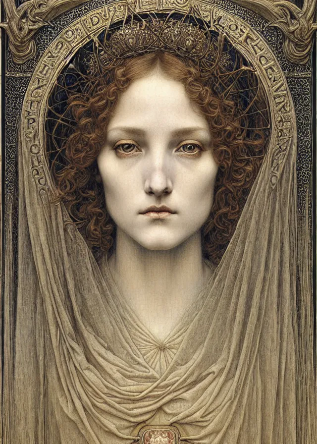 Image similar to detailed realistic beautiful young medieval queen face portrait by jean delville, gustave dore and marco mazzoni, art nouveau, symbolist, visionary, gothic, pre - raphaelite. horizontal symmetry