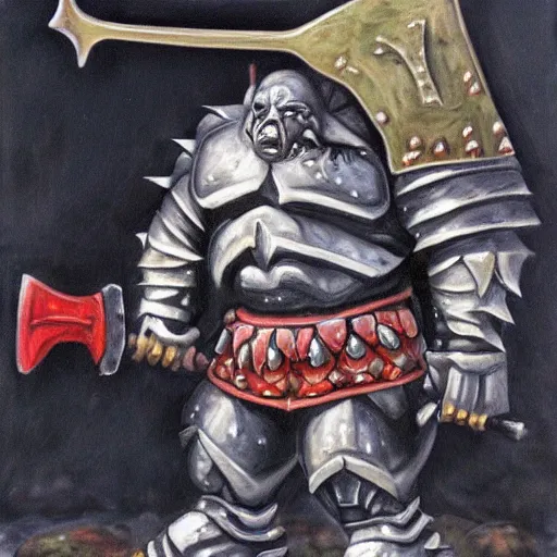 Image similar to ogre warrior wearing plated armor who is holding a battle axe in the style of warhammer fantasy : : head and torso oil painting