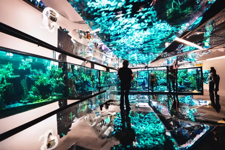 Image similar to aquarium surrounded by mirrors, 85mm