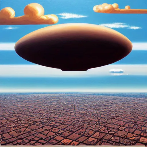 Prompt: big alien spaceship shaped like cloud hanging above city by jeffrey smith, oil on canvas