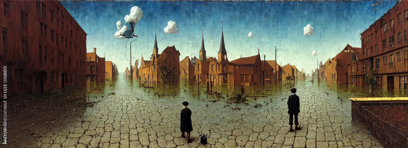 Prompt: flooded old wooden empty cursed city street, very coherent and colorful high contrast masterpiece by norman rockwell franz sedlacek rene magritte gediminas pranckevicius, full - length view, dark shadows, sunny day, hard lighting, reference sheet white background