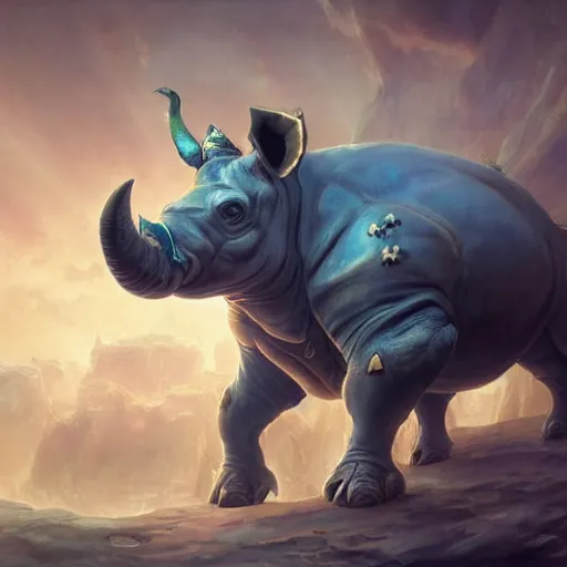 Prompt: an aetherpunk magical rhinoceros, forward facing angle, character design, art by Tooth Wu and justin gerard and Blizzard studios, post-processing, extremely hyperdetailed, intricate complexity, epic composition, masterpiece, trending on artstation